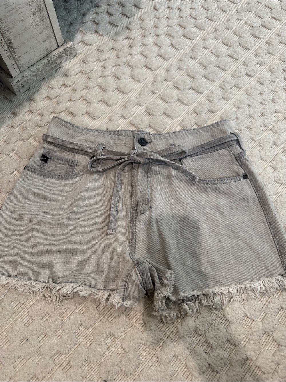 KanCan Light Gray Frayed Hem Tie-Waist Jean Shorts